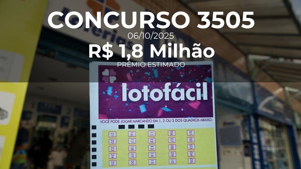Resultado da Lotofácil 3505. Números: 01, 02, 03, 04, 06, 07, 08, 09, 11, 14, 16, 20, 21, 23, 25