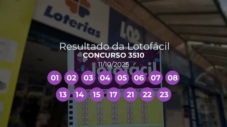 Resultado da Lotofácil 3510: números sorteados 01, 02, 03, 04, 05, 06, 07, 08, 13, 14, 15, 17, 21, 22, 23