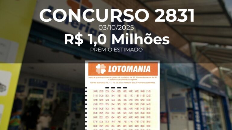Resultado da Lotomania 2831. Números: 04, 05, 07, 15, 16, 24, 25, 28, 38, 41, 43, 47, 61, 64, 69, 70, 77, 81, 85, 87. Acumulou!