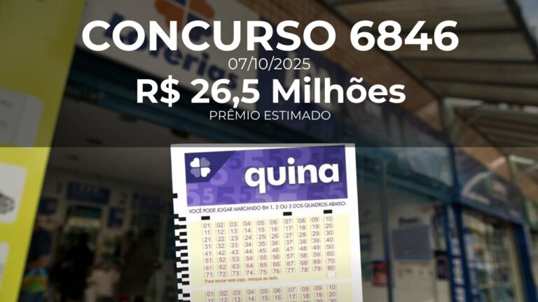 Resultado da Quina concurso 6846 com prêmio estimado de R$ 26,5 Milhões