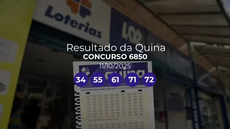 Resultado da Quina 6850: números sorteados 34, 55, 61, 71, 72