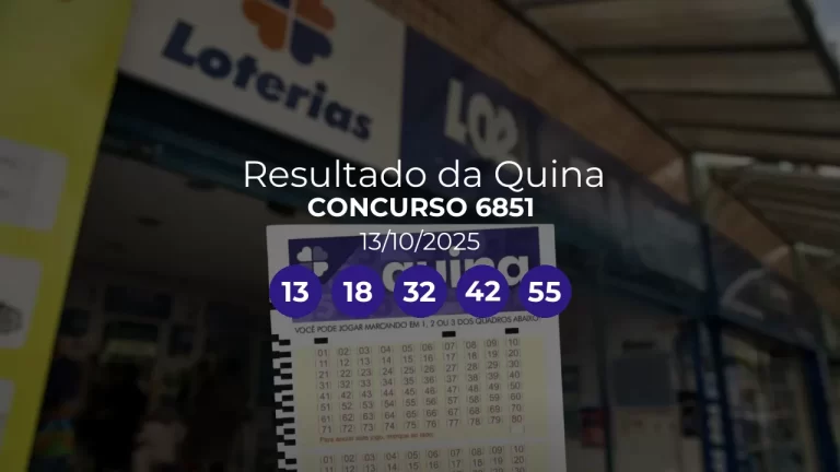 Resultado da Quina 6851: números sorteados 13, 18, 32, 42, 55
