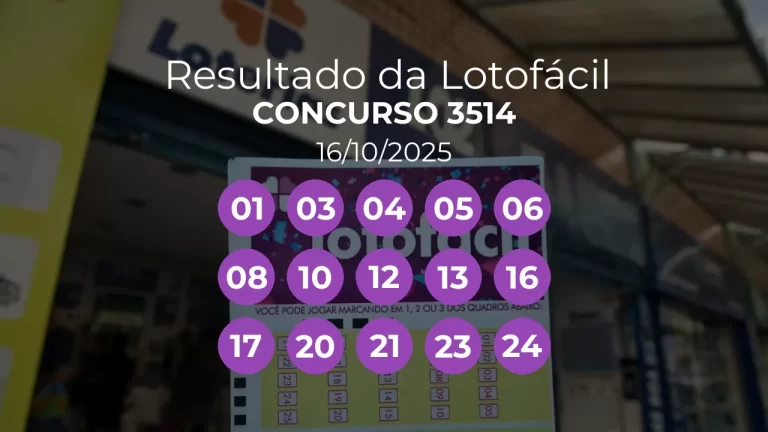Lotofácil 3514 teve ganhador único de Salto/SP. Números sorteados: 01, 03, 04, 05, 06, 08, 10, 12, 13, 16, 17, 20, 21, 23, 24