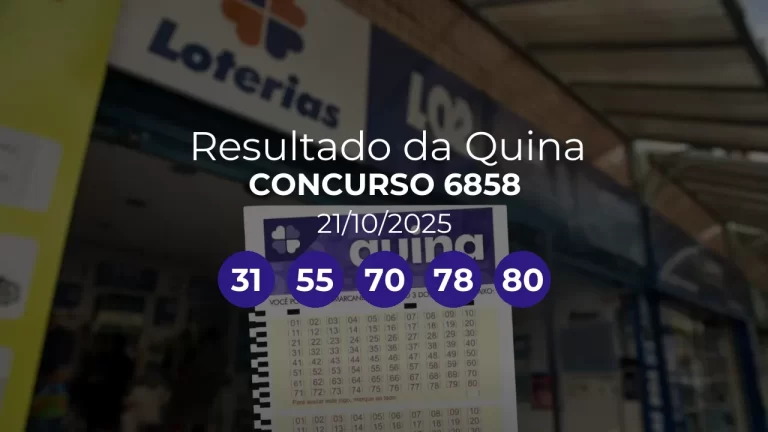 Quina 6858 acumulou! Prêmio estimado em R$ 13,0 Milhões. Números sorteados: 31, 55, 70, 78, 80