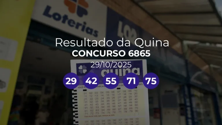 Quina 6865 acumulou! Prêmio estimado em R$ 31,5 Milhões. Números sorteados: 29, 42, 55, 71, 75