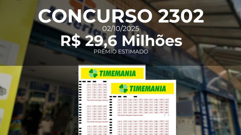 Resultado da Timemania concurso 2302 com prêmio estimado de R$ 29,6 Milhões