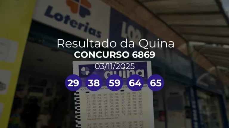 Quina 6869 acumulou! Prêmio estimado em R$ 1,3 Milhões. Números sorteados: 29, 38, 59, 64, 65