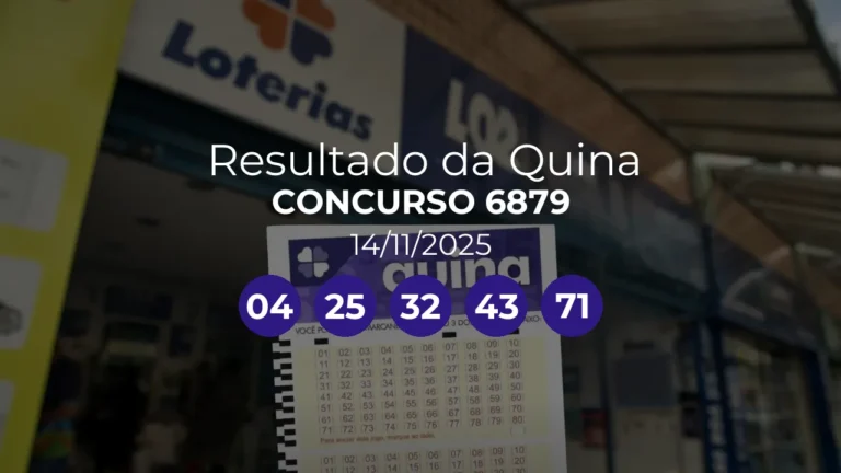 Quina 6879 acumulou! Prêmio estimado em R$ 2,2 Milhões. Números sorteados: 04, 25, 32, 43, 71