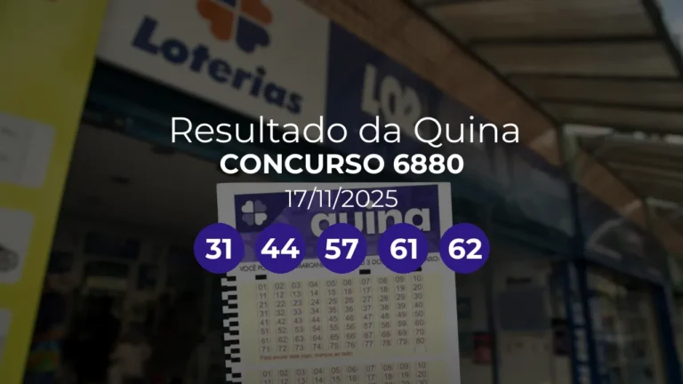 Quina 6880 acumulou! Prêmio estimado em R$ 3,2 Milhões. Números sorteados: 31, 44, 57, 61, 62