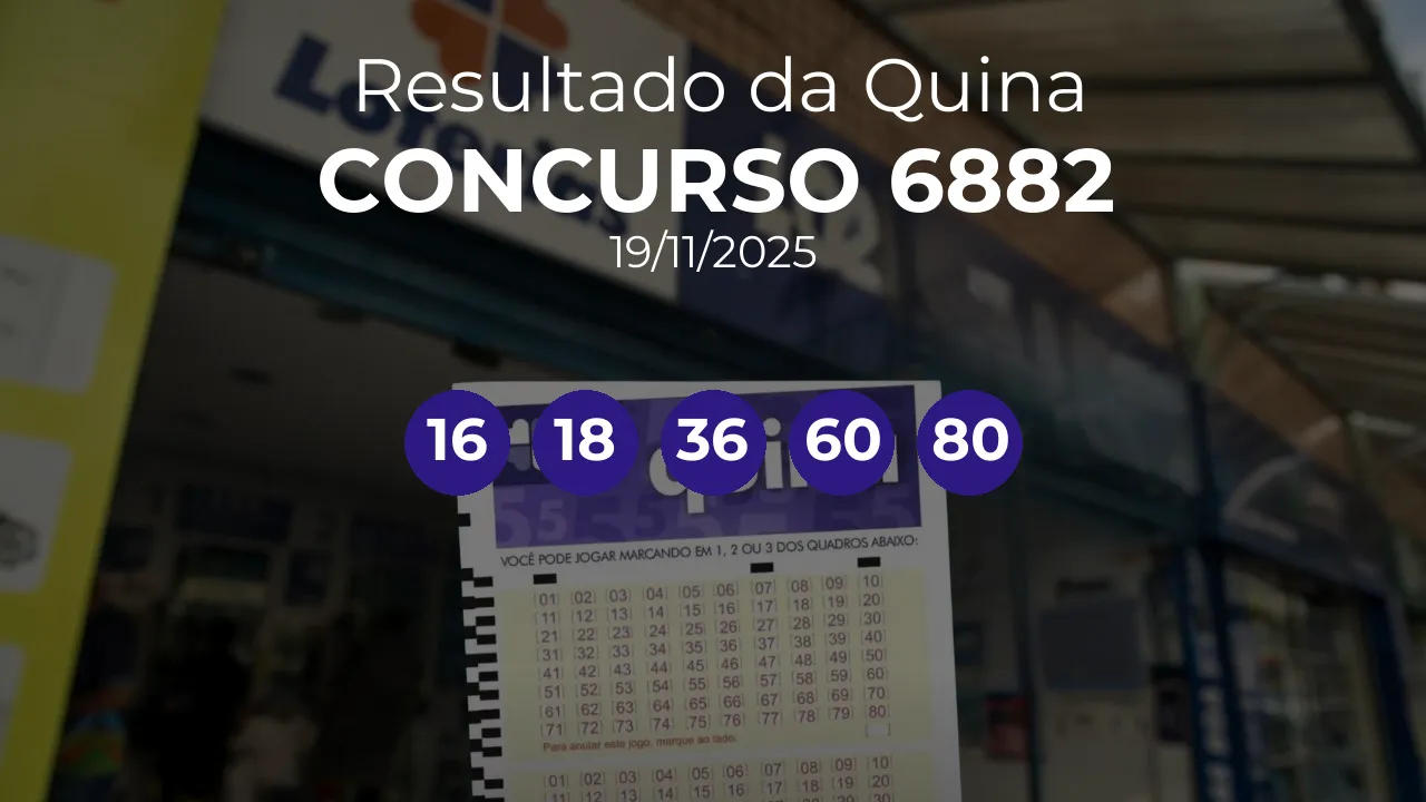 Quina 6882 acumulou! Prêmio estimado em R$ 5,0 Milhões. Números sorteados: 16, 18, 36, 60, 80