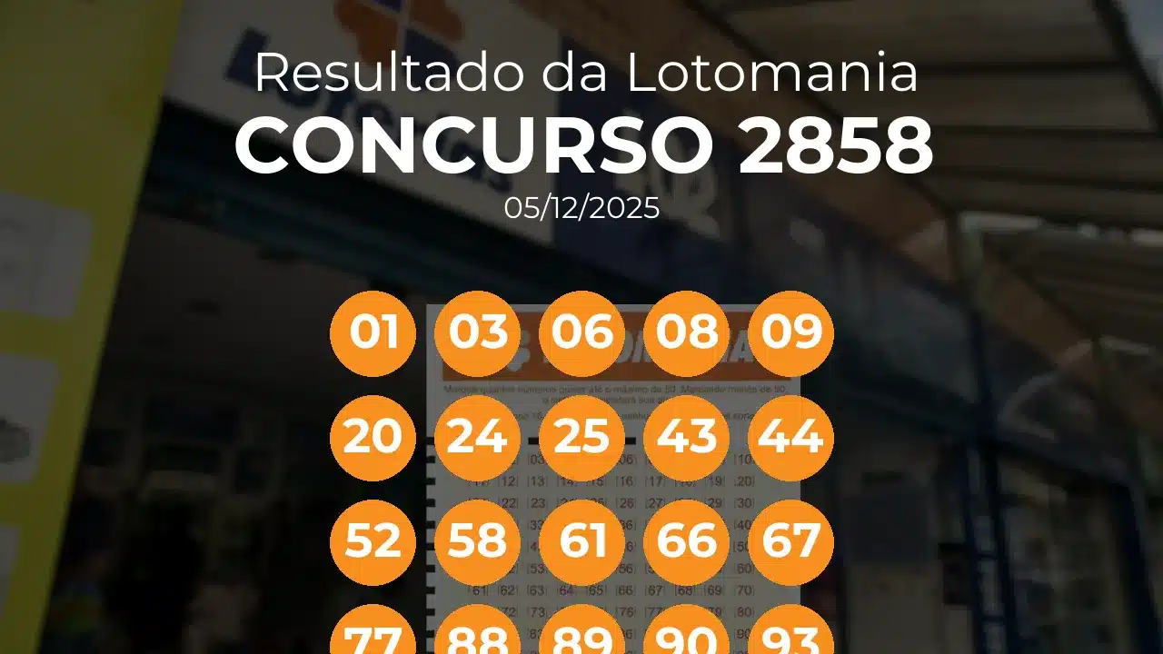 Lotomania 2858 acumulou! Prêmio estimado em R$ 1,1 Milhões. Números sorteados: 01, 03, 06, 08, 09, 20, 24, 25, 43, 44, 52, 58, 61, 66, 67, 77, 88, 89, 90, 93