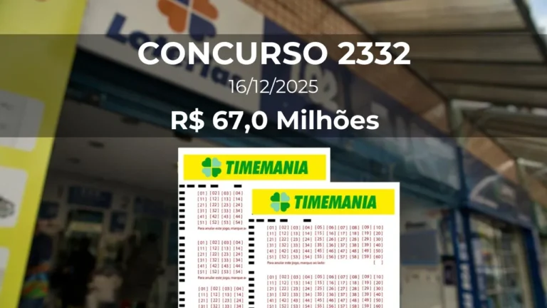 Resultado da Timemania 2332 com prêmio estimado de R$ 67,0 Milhões