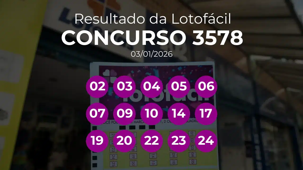 Lotofácil 3578 acumulou! Prêmio estimado em R$ 5,0 Milhões. Números sorteados: 02, 03, 04, 05, 06, 07, 09, 10, 14, 17, 19, 20, 22, 23, 24