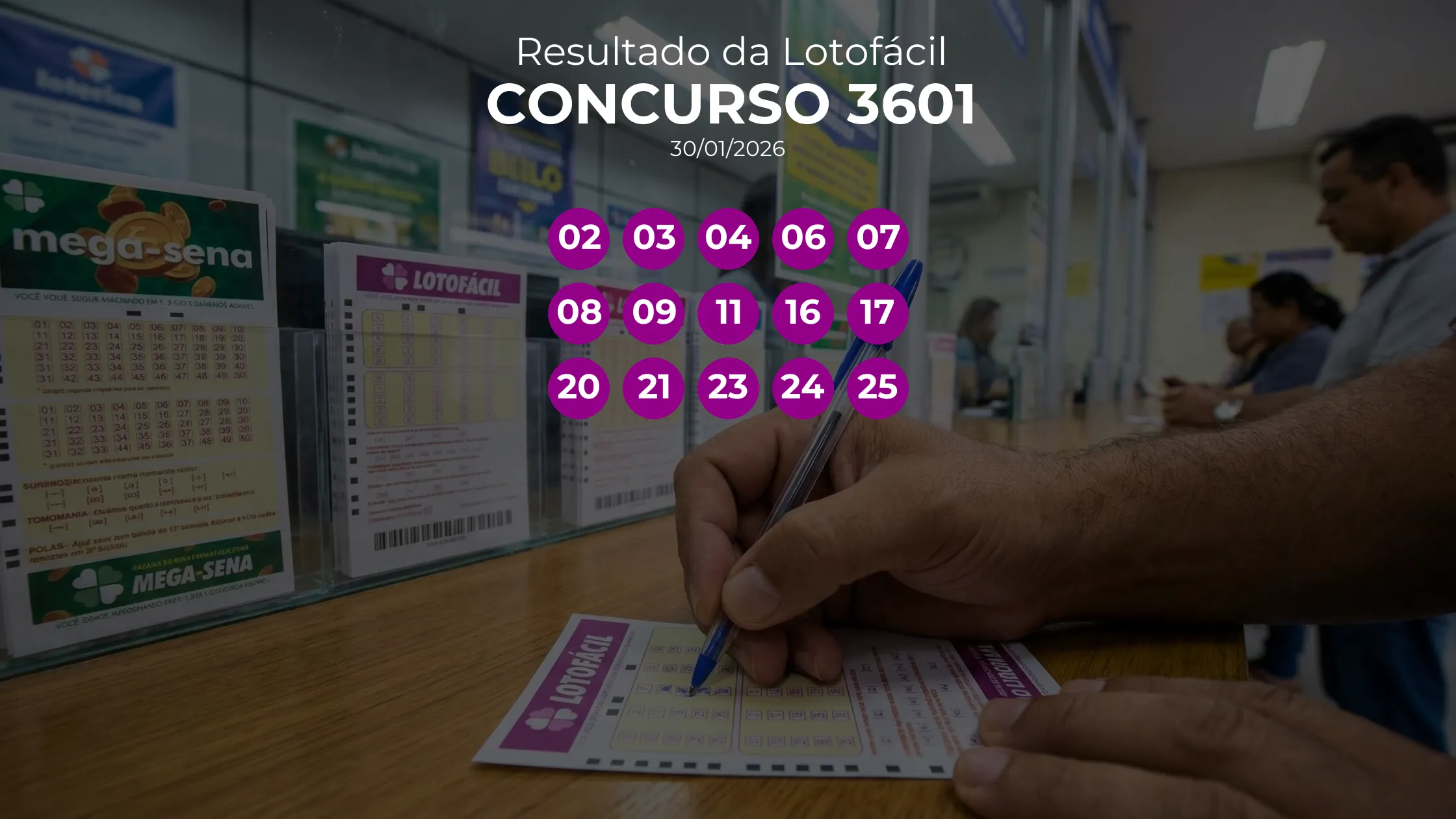 Lotofácil 3601 acumulou! Prêmio estimado em R$ 5,0 Milhões. Números sorteados: 02, 03, 04, 06, 07, 08, 09, 11, 16, 17, 20, 21, 23, 24, 25