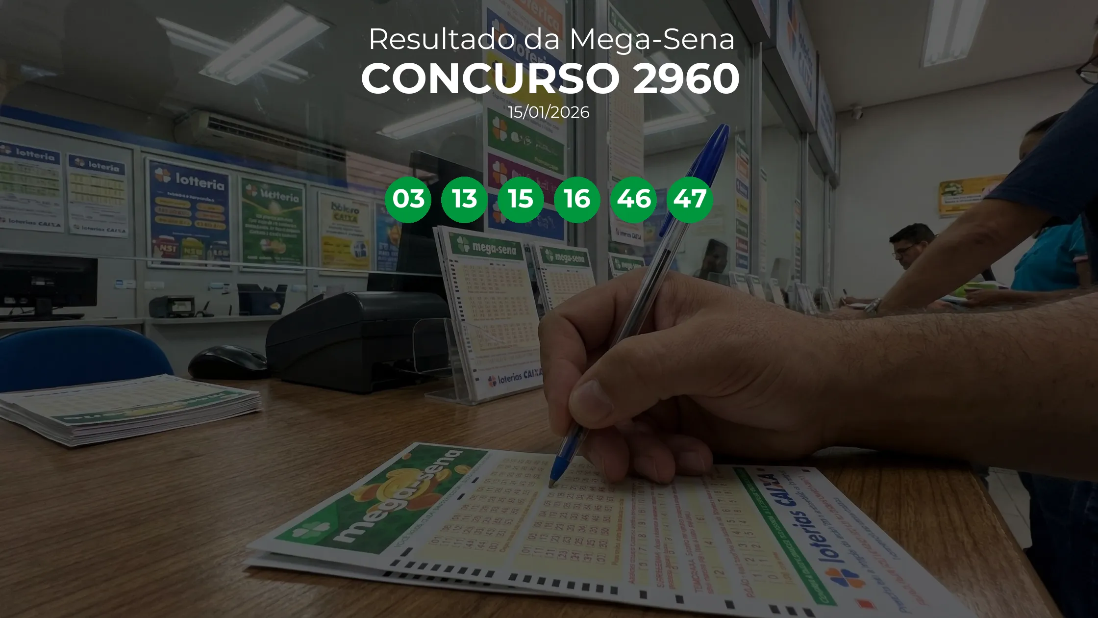 Mega-Sena 2960 acumulou! Prêmio estimado em R$ 41,0 Milhões. Números sorteados: 03, 13, 15, 16, 46, 47