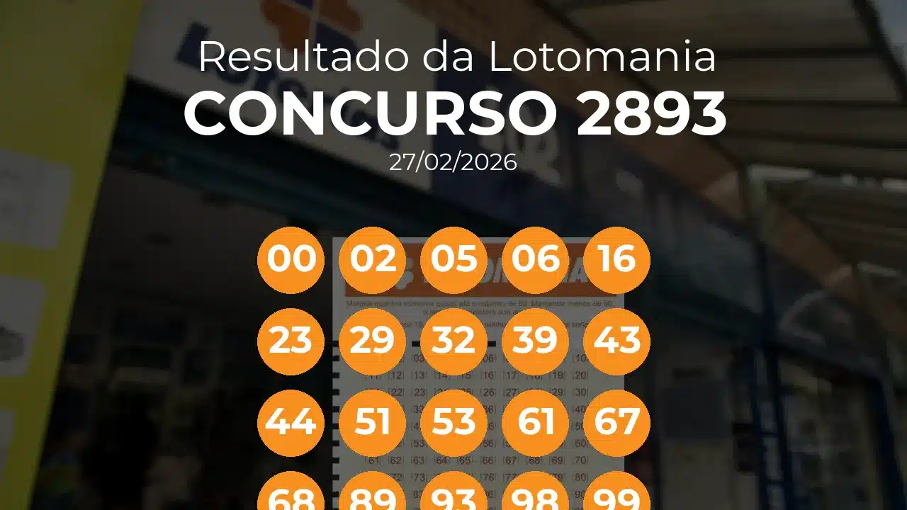 Lotomania 2893 acumulou! Prêmio estimado em R$ 8,2 Milhões. Números sorteados: 00, 02, 05, 06, 16, 23, 29, 32, 39, 43, 44, 51, 53, 61, 67, 68, 89, 93, 98, 99