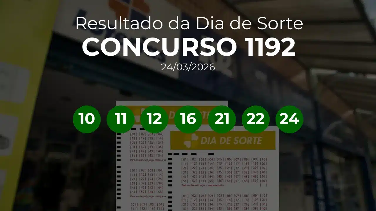 Dia de Sorte 1192 acumulou! Prêmio estimado em R$ 400 mil. Números sorteados: 10, 11, 12, 16, 21, 22, 24