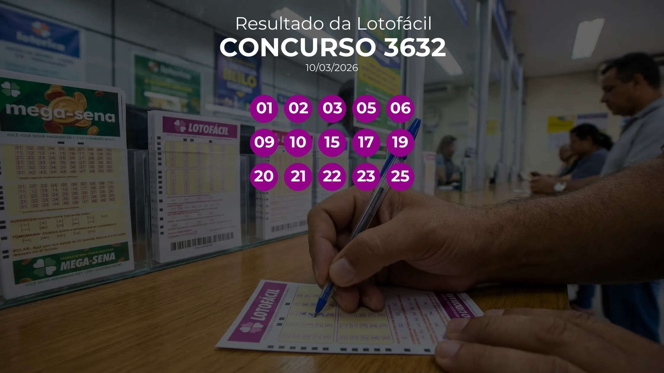 Lotofácil 3632 acumulou! Prêmio estimado em R$ 5,0 Milhões. Números sorteados: 01, 02, 03, 05, 06, 09, 10, 15, 17, 19, 20, 21, 22, 23, 25