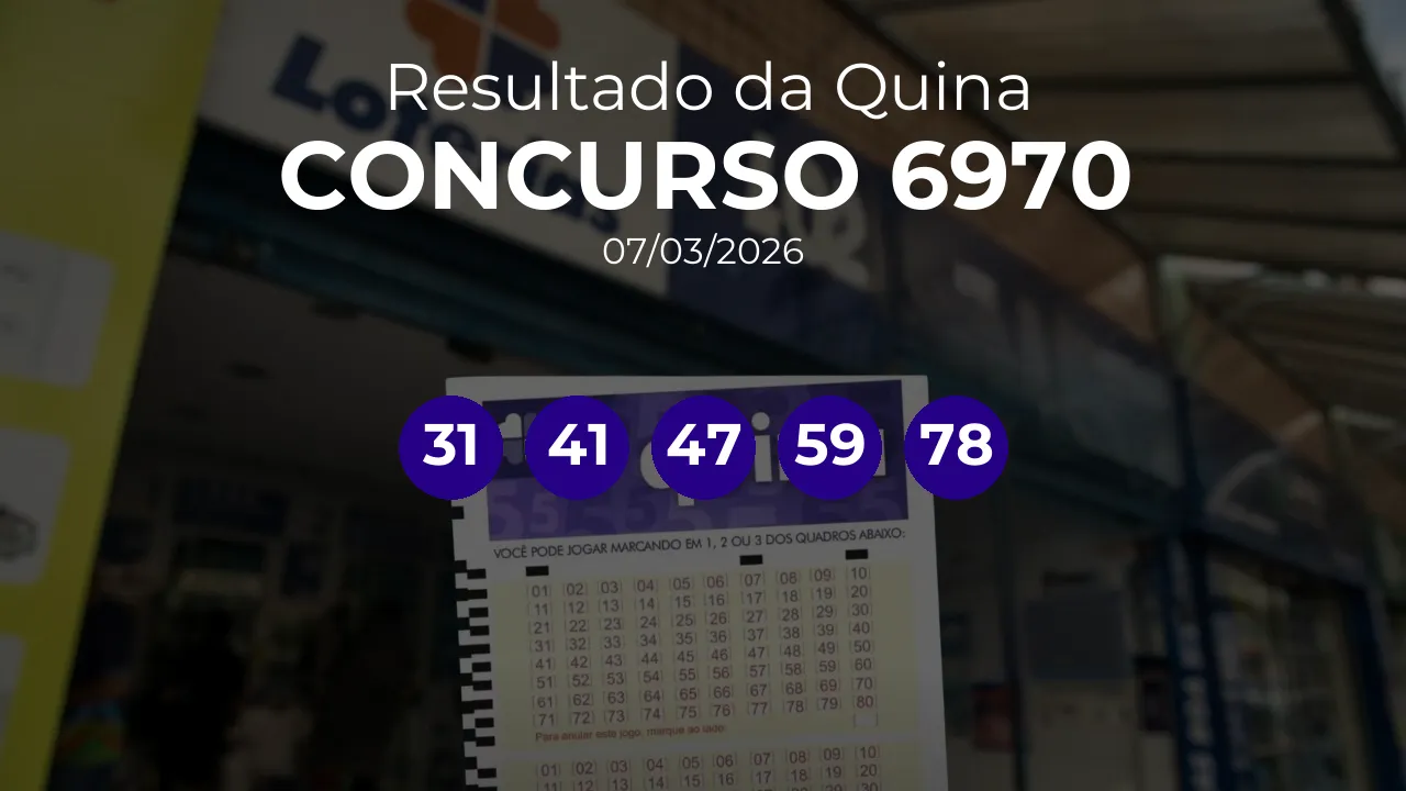 Quina 6970 acumulou! Prêmio estimado em R$ 16,5 Milhões. Números sorteados: 31, 41, 47, 59, 78