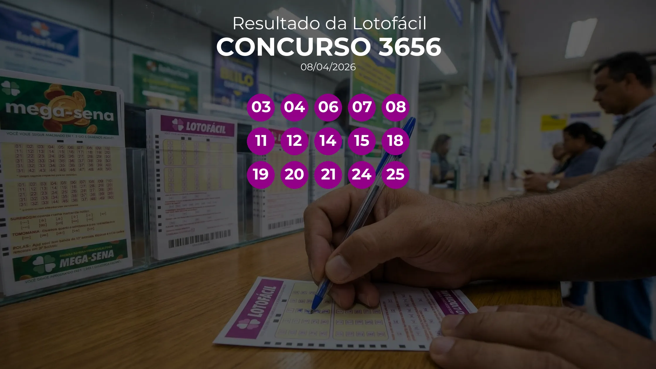 Lotofácil 3656 teve 4 apostas ganhadoras. Números sorteados: 03, 04, 06, 07, 08, 11, 12, 14, 15, 18, 19, 20, 21, 24, 25
