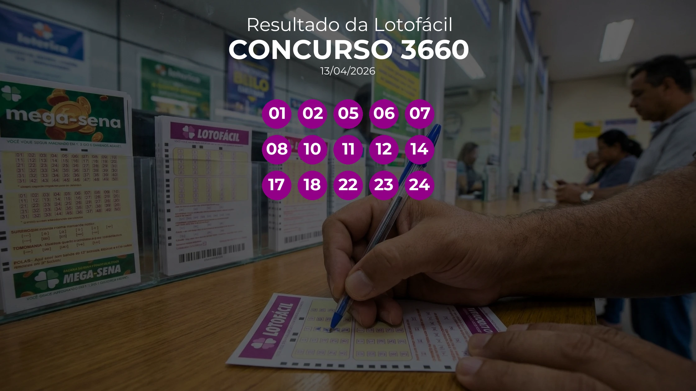 Lotofácil 3660 acumulou! Prêmio estimado em R$ 13,0 Milhões. Números sorteados: 01, 02, 05, 06, 07, 08, 10, 11, 12, 14, 17, 18, 22, 23, 24
