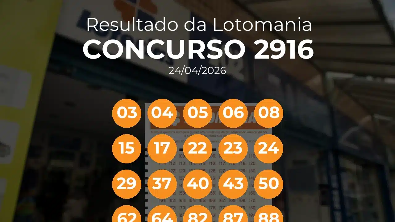 Lotomania 2916 acumulou! Prêmio estimado em R$ 1,5 Milhões. Números sorteados: 03, 04, 05, 06, 08, 15, 17, 22, 23, 24, 29, 37, 40, 43, 50, 62, 64, 82, 87, 88