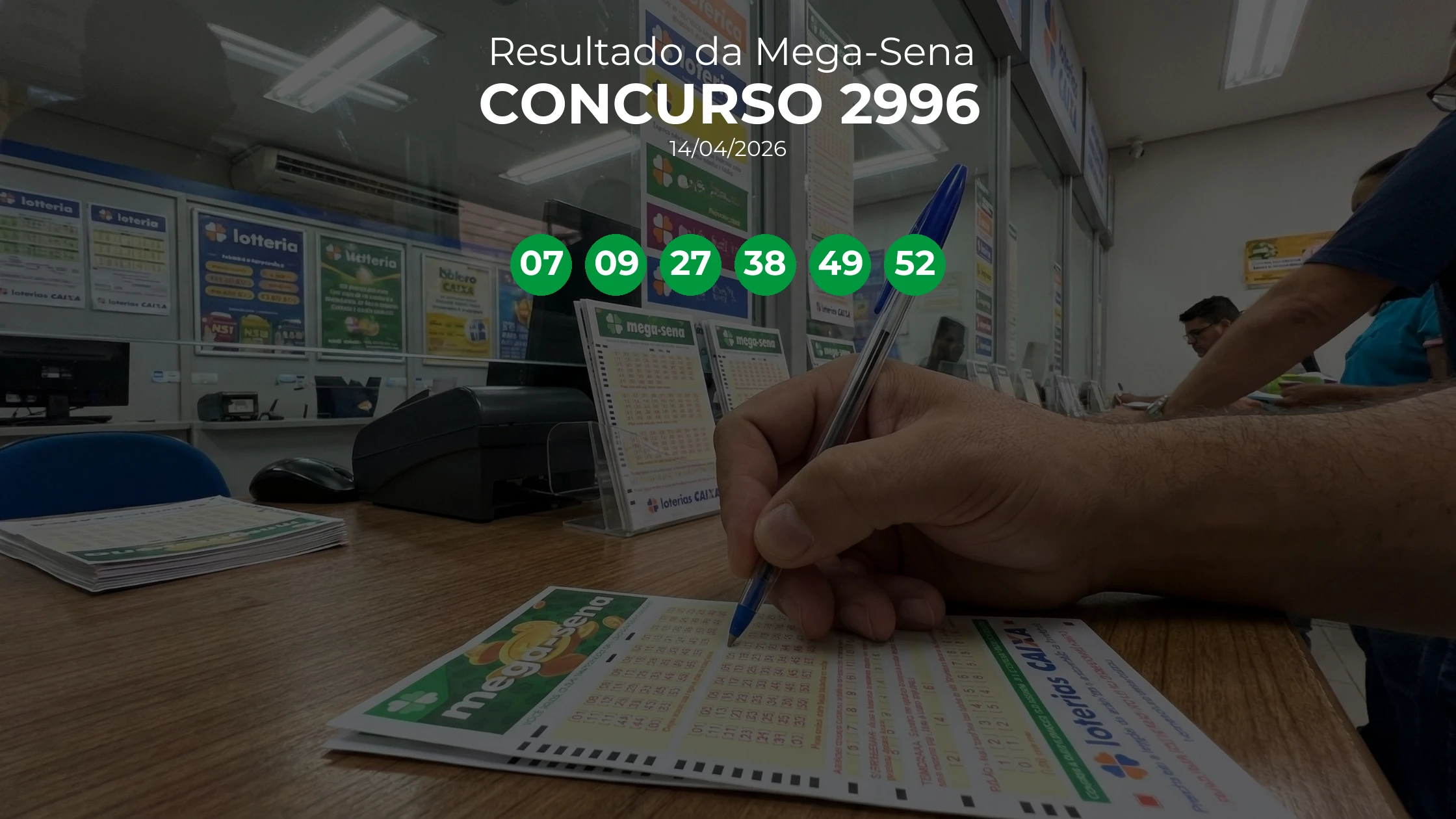 Mega-Sena 2996 acumulou! Prêmio estimado em R$ 52,0 Milhões. Números sorteados: 07, 09, 27, 38, 49, 52