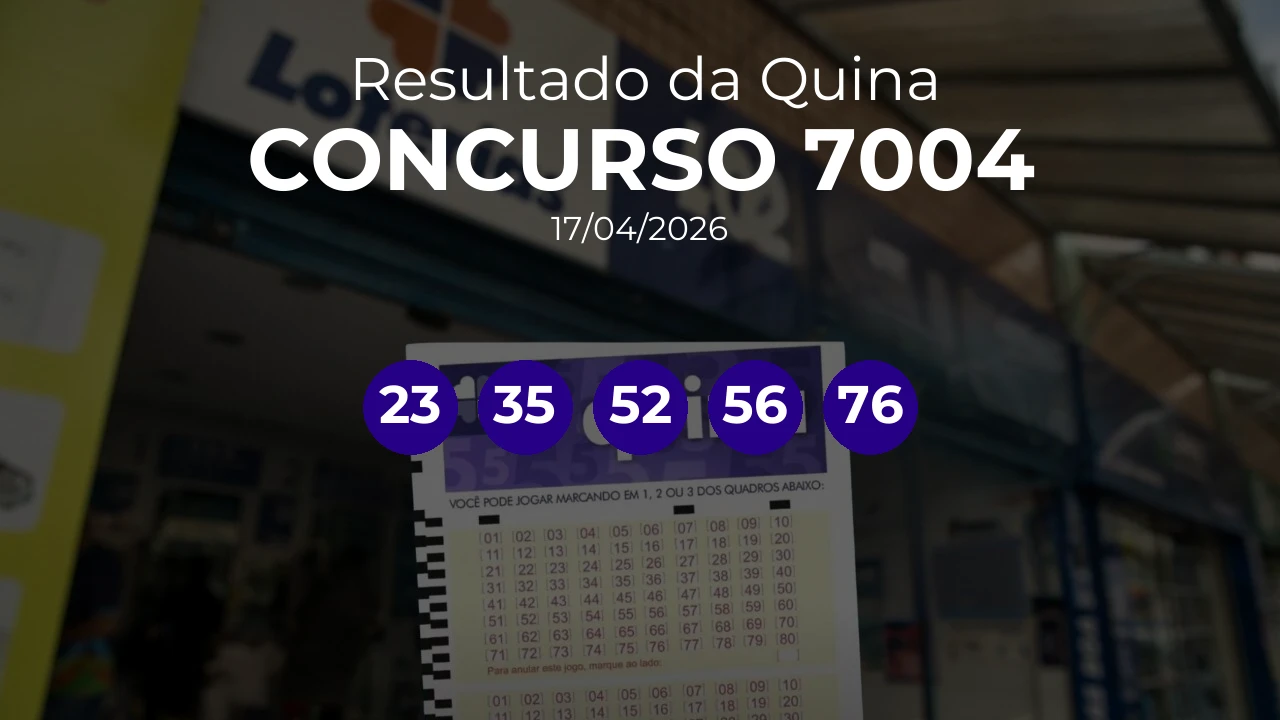 Quina 7004 acumulou! Prêmio estimado em R$ 27,0 Milhões. Números sorteados: 23, 35, 52, 56, 76