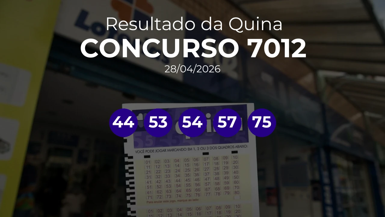 Quina 7012 acumulou! Prêmio estimado em R$ 3,6 Milhões. Números sorteados: 44, 53, 54, 57, 75