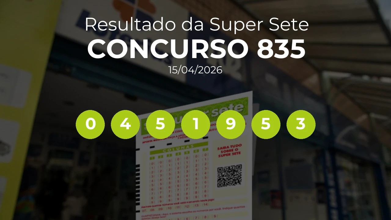 Super Sete 835 acumulou! Prêmio estimado em R$ 6,1 Milhões. Números sorteados: 0, 4, 5, 1, 9, 5, 3