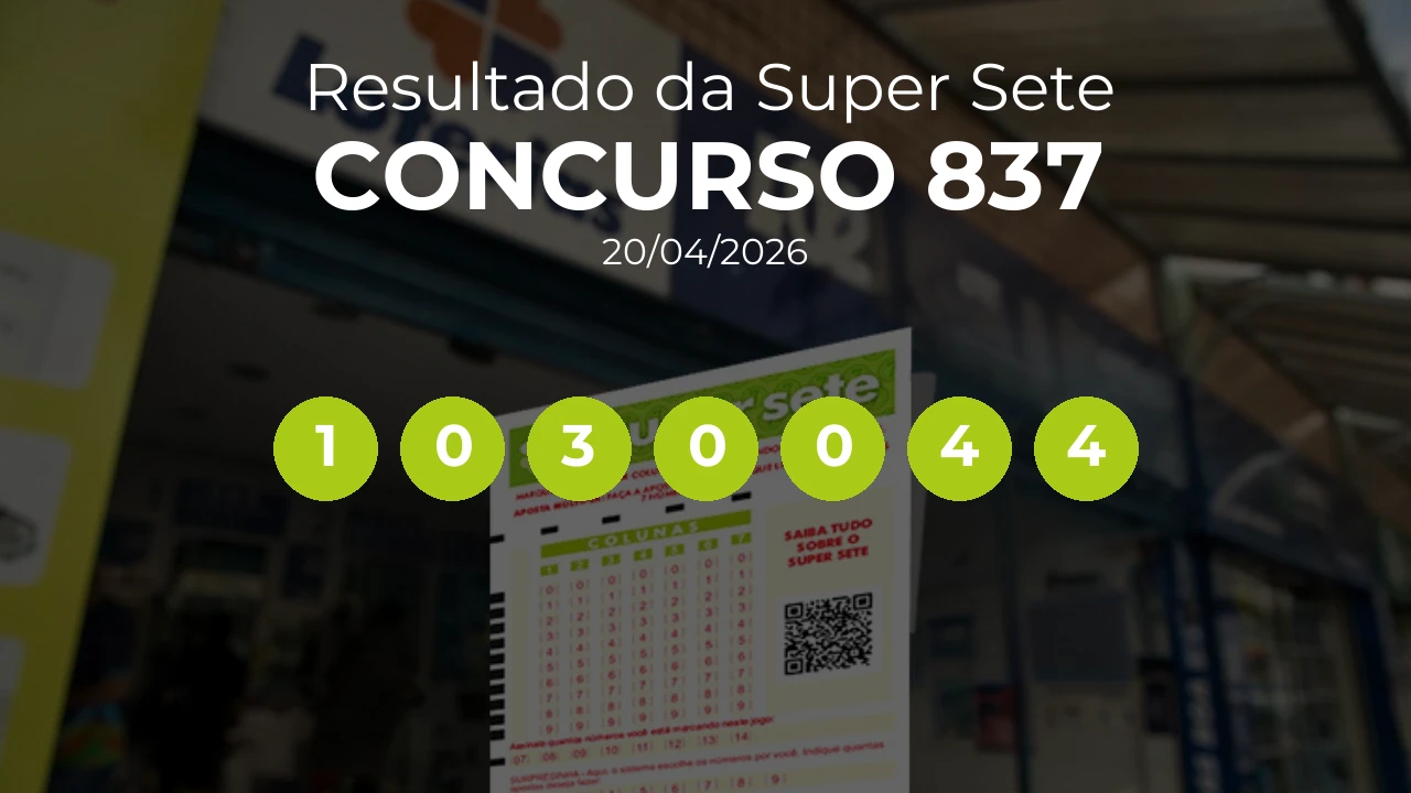 Super Sete 837 acumulou! Prêmio estimado em R$ 6,5 Milhões. Números sorteados: 1, 0, 3, 0, 0, 4, 4
