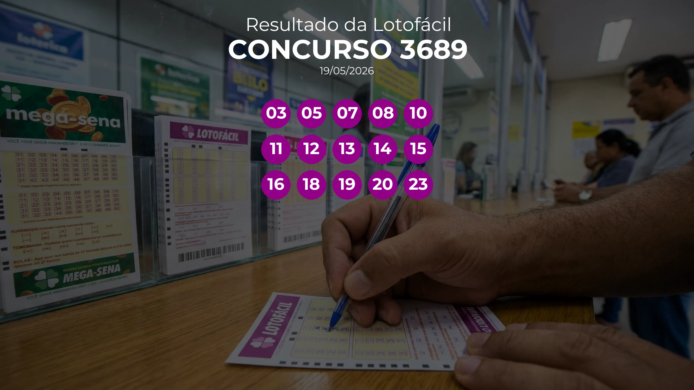 Lotofácil 3689 teve ganhador único de Paulista/PE. Números sorteados: 03, 05, 07, 08, 10, 11, 12, 13, 14, 15, 16, 18, 19, 20, 23