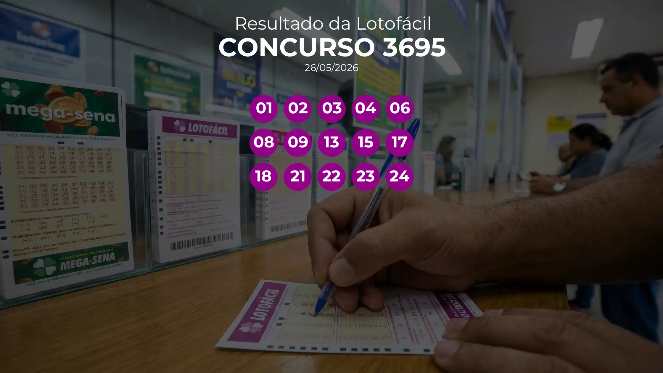 Lotofácil 3695 acumulou! Prêmio estimado em R$ 5,0 Milhões. Números sorteados: 01, 02, 03, 04, 06, 08, 09, 13, 15, 17, 18, 21, 22, 23, 24