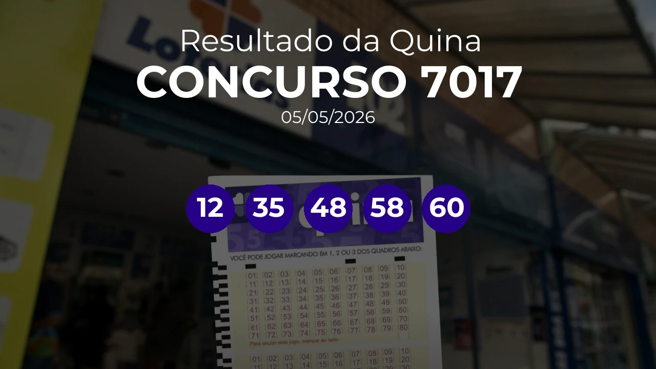Quina 7017 acumulou! Prêmio estimado em R$ 10,0 Milhões. Números sorteados: 12, 35, 48, 58, 60