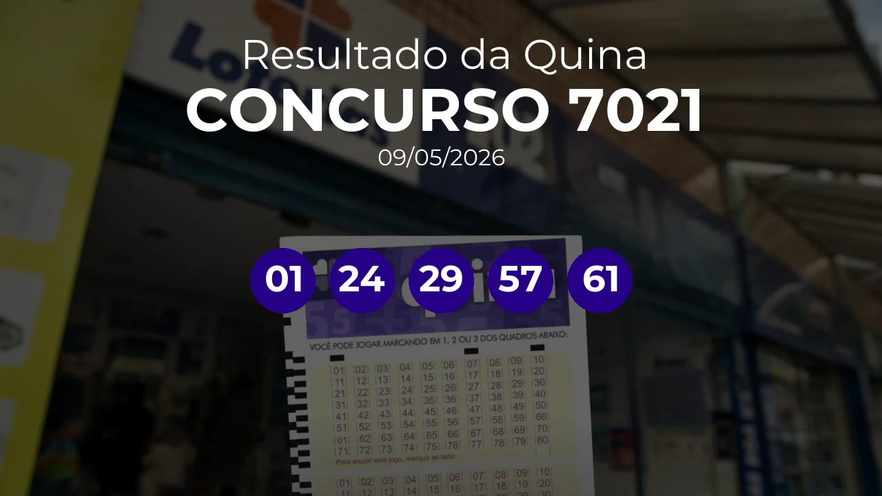 Quina 7021 acumulou! Prêmio estimado em R$ 16,0 Milhões. Números sorteados: 01, 24, 29, 57, 61