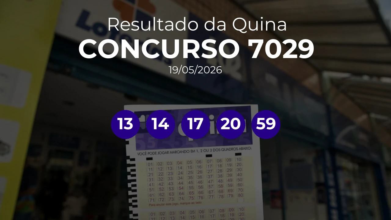 Quina 7029 acumulou! Prêmio estimado em R$ 13,5 Milhões. Números sorteados: 13, 14, 17, 20, 59