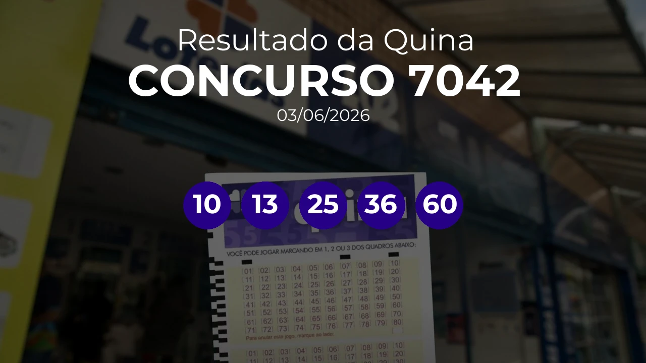 Quina 7042 acumulou! Prêmio estimado em R$ 20,0 Milhões. Números sorteados: 10, 13, 25, 36, 60