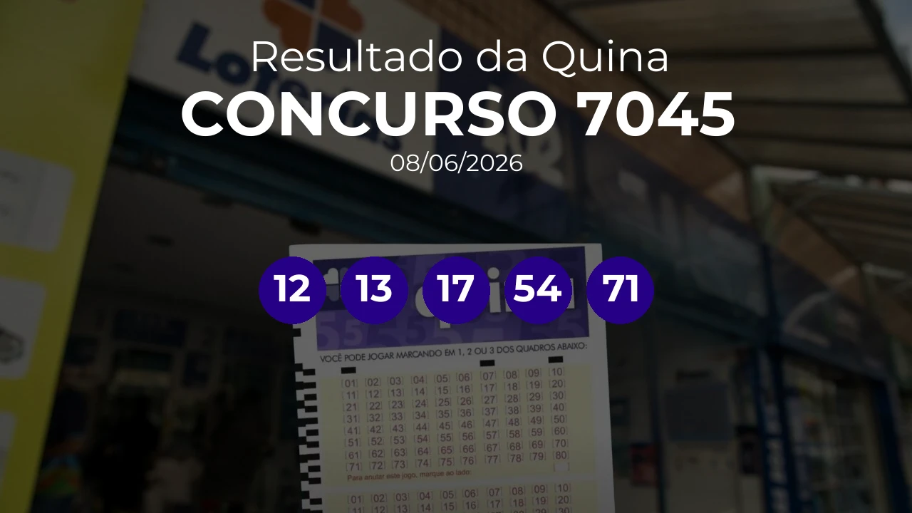 Quina 7045 acumulou! Prêmio estimado em R$ 8,5 Milhões. Números sorteados: 12, 13, 17, 54, 71