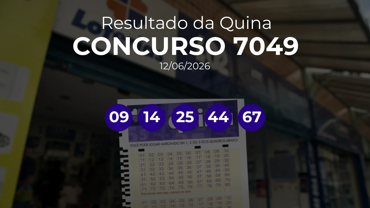 Quina 7049 acumulou! Prêmio estimado em R$ 14,5 Milhões. Números sorteados: 09, 14, 25, 44, 67