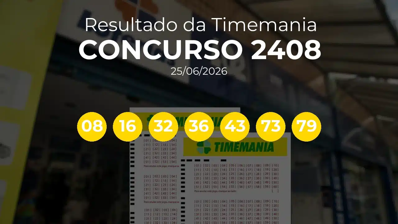 Timemania 2408 acumulou! Prêmio estimado em R$ 2,0 Milhões. Números sorteados: 08, 16, 32, 36, 43, 73, 79