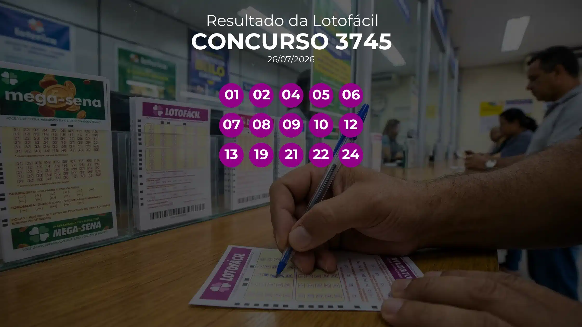 Lotofácil 3745 acumulou! Prêmio estimado em R$ 9,0 Milhões. Números sorteados: 01, 02, 04, 05, 06, 07, 08, 09, 10, 12, 13, 19, 21, 22, 24