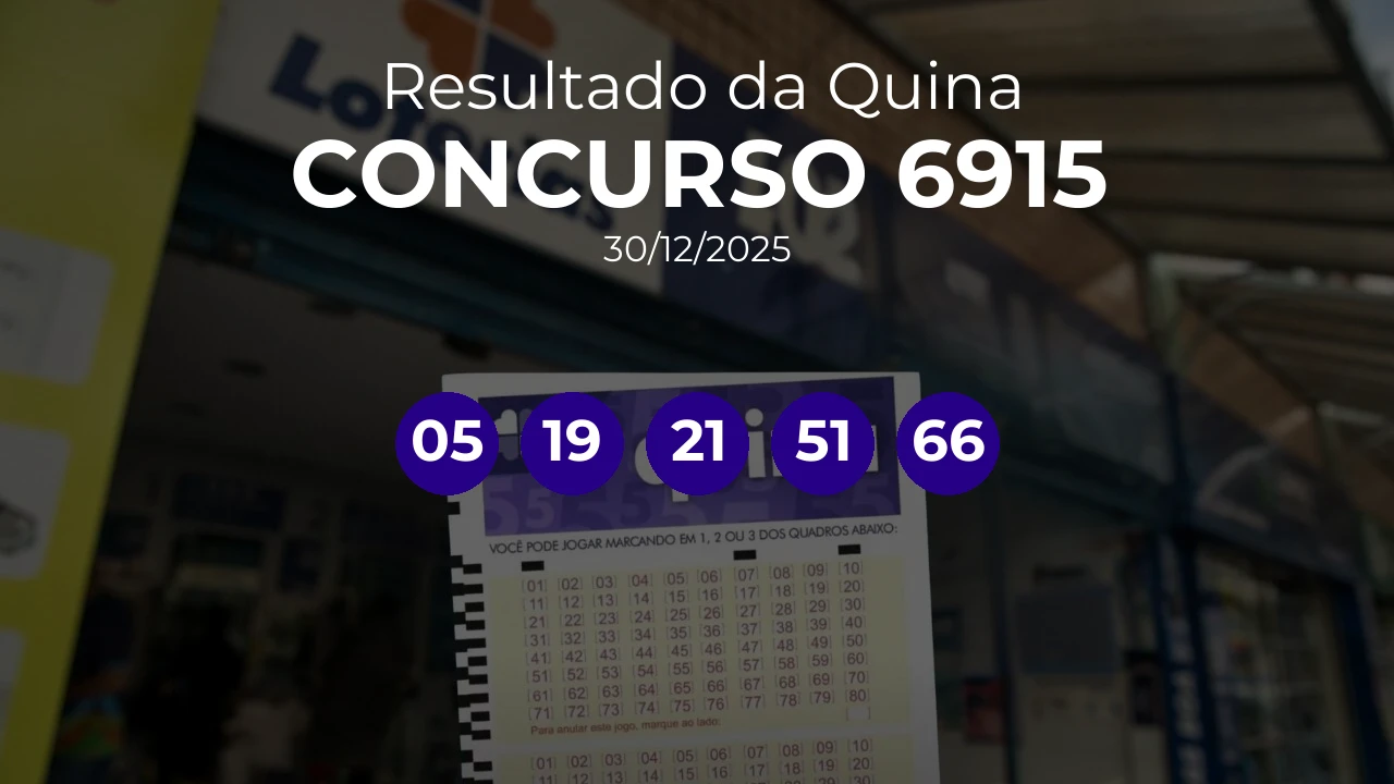 Quina 6915 acumulou! Prêmio estimado em R$ 7,5 Milhões. Números sorteados: 05, 19, 21, 51, 66