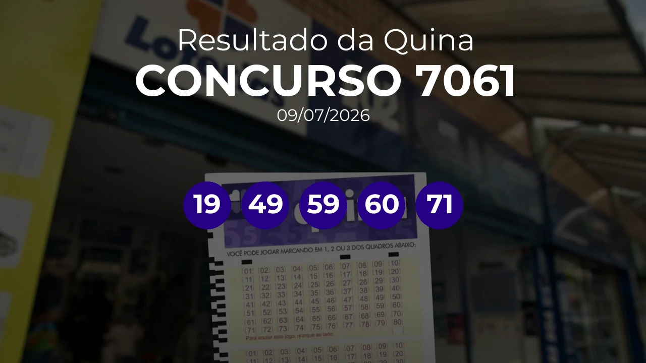 Quina 7061 acumulou! Prêmio estimado em R$ 11,0 Milhões. Números sorteados: 19, 49, 59, 60, 71
