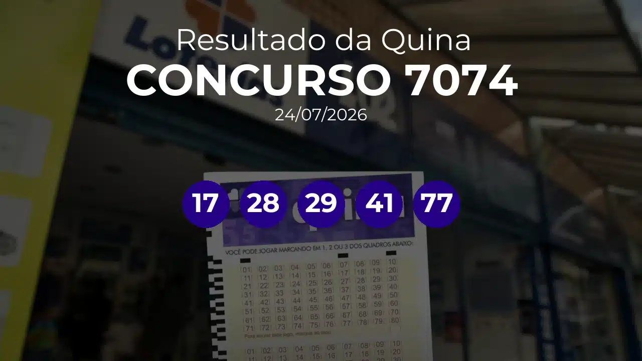 Quina 7074 acumulou! Prêmio estimado em R$ 22,0 Milhões. Números sorteados: 17, 28, 29, 41, 77