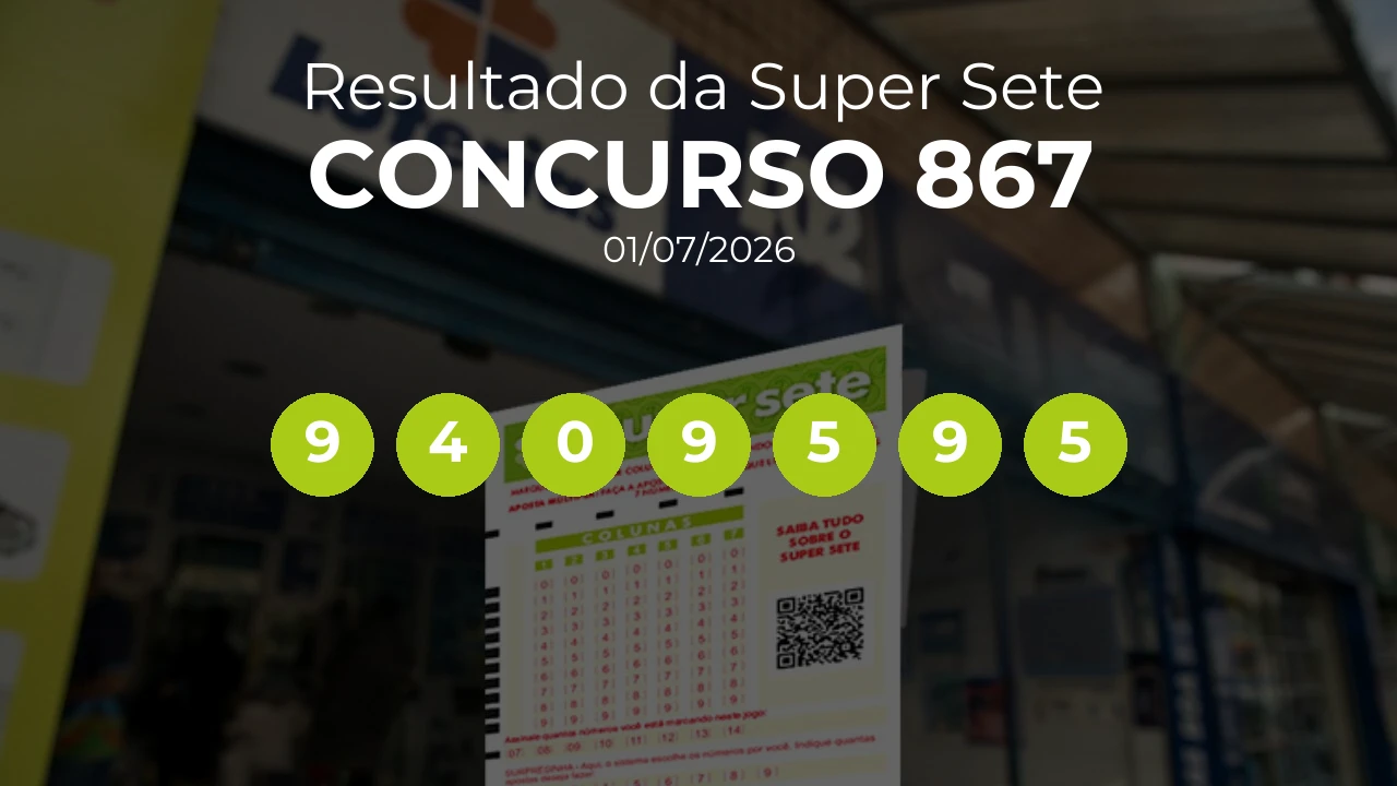Super Sete 867 acumulou! Prêmio estimado em R$ 2,6 Milhões. Números sorteados: 9, 4, 0, 9, 5, 9, 5
