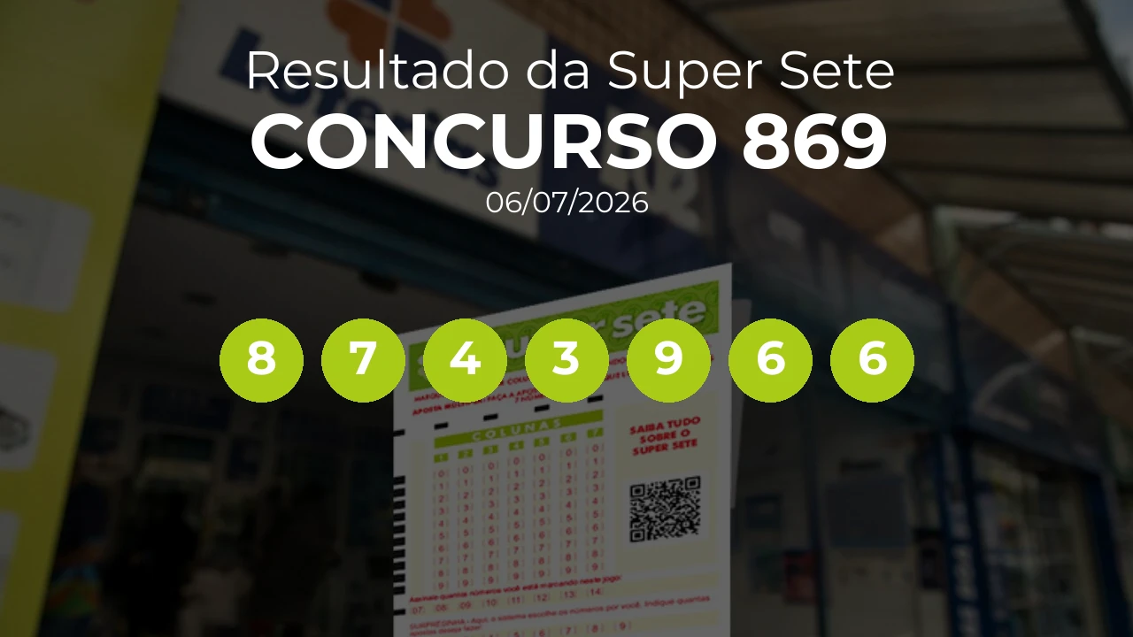 Super Sete 869 acumulou! Prêmio estimado em R$ 2,8 Milhões. Números sorteados: 8, 7, 4, 3, 9, 6, 6