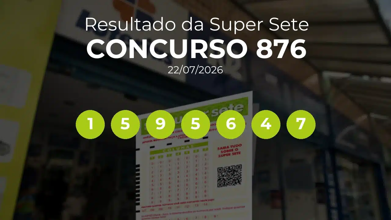 Super Sete 876 acumulou! Prêmio estimado em R$ 3,9 Milhões. Números sorteados: 1, 5, 9, 5, 6, 4, 7