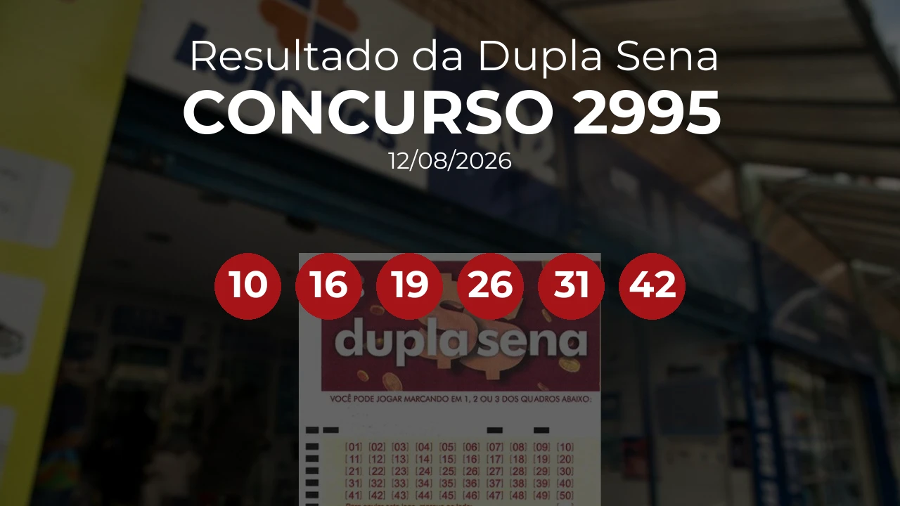 Dupla Sena 2995 acumulou! Prêmio estimado em R$ 1,3 Milhões. Números sorteados: 10, 16, 19, 26, 31, 42