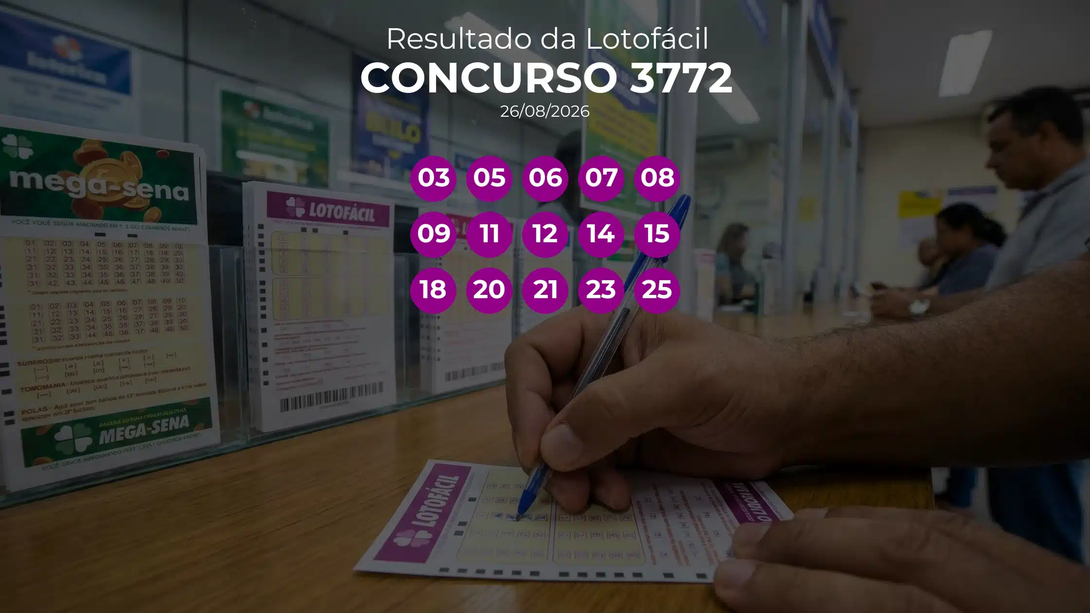 Lotofácil 3772 acumulou! Prêmio estimado em R$ 5,0 Milhões. Números sorteados: 03, 05, 06, 07, 08, 09, 11, 12, 14, 15, 18, 20, 21, 23, 25