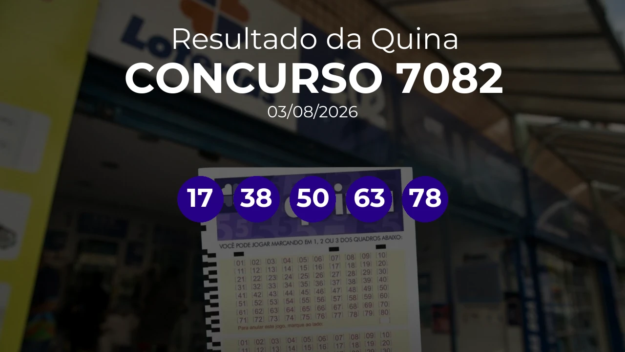 Quina 7082 acumulou! Prêmio estimado em R$ 3,6 Milhões. Números sorteados: 17, 38, 50, 63, 78